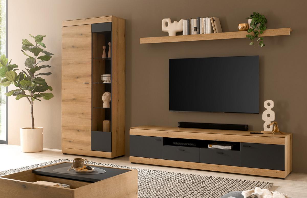 WOHNWAND Eiche, grau 300 x 201 cm, Wohnzimmer Set mit Soft-Close - Kaschmir/Eichefarben, Glas/Holzwerkstoff (300/201/45cm) - Furn.Design
