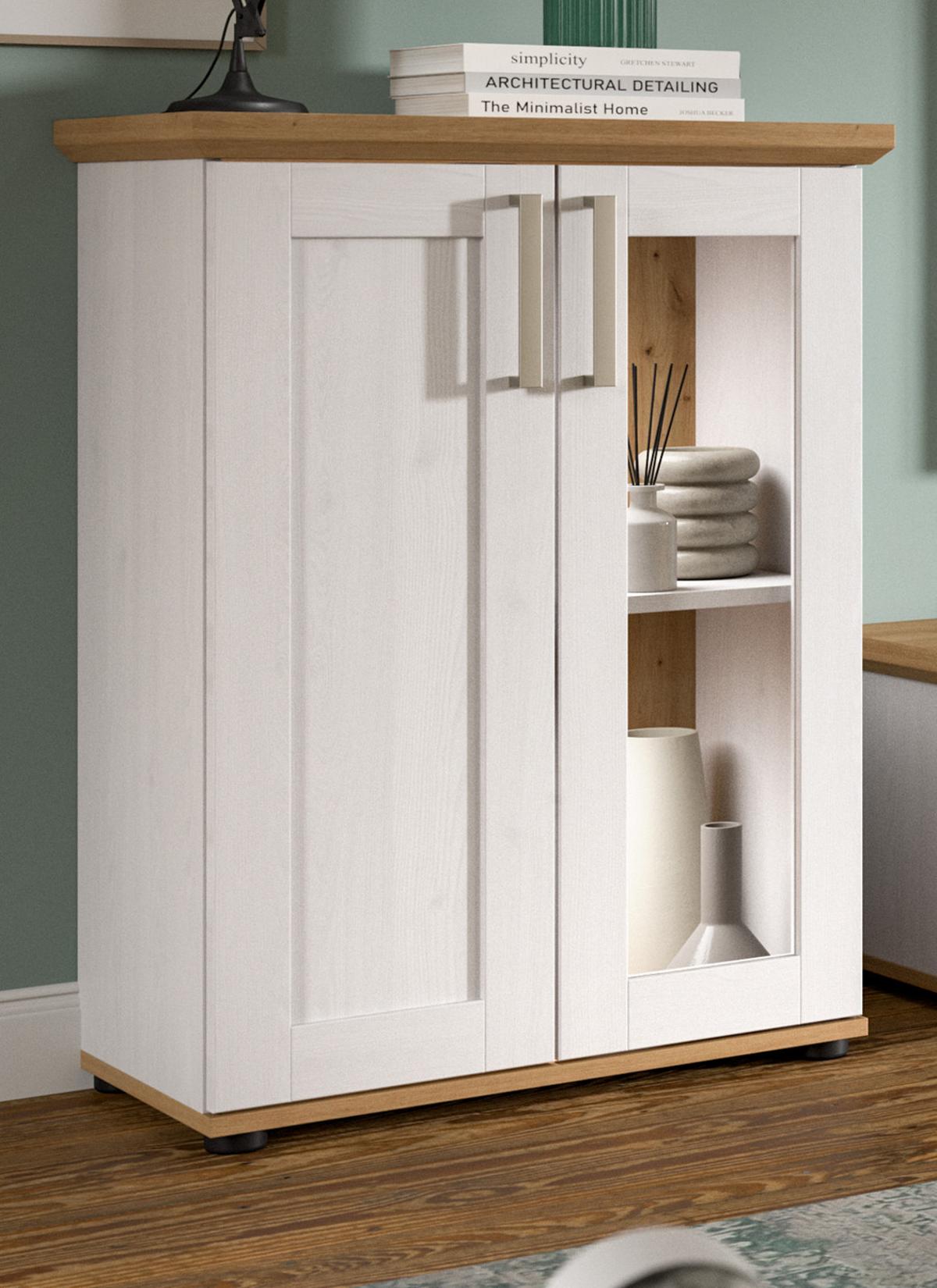 VITRINE weiß Lärche, Eiche Artisan 64 x 88 cm, Kommode im Landhaus-Stil - Silberfarben/Schwarz, Holzwerkstoff/Kunststoff (64/88/37cm) - Inn.Furn