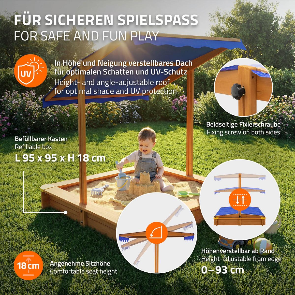 SANDKASTEN MIT DACH 118x118 cm Natur aus Massivholz - Naturfarben, Holz (118/118/119cm) - ML-DESIGN