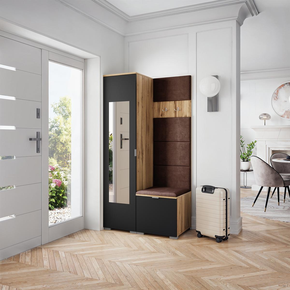 GARDEROBENSCHRANK VIRA 95/181/51 cm Modern Garderobe-Set Eiche Wotan - Eiche Wotan/Schwarz, Holzwerkstoff (95/181/51cm) - MASSENO