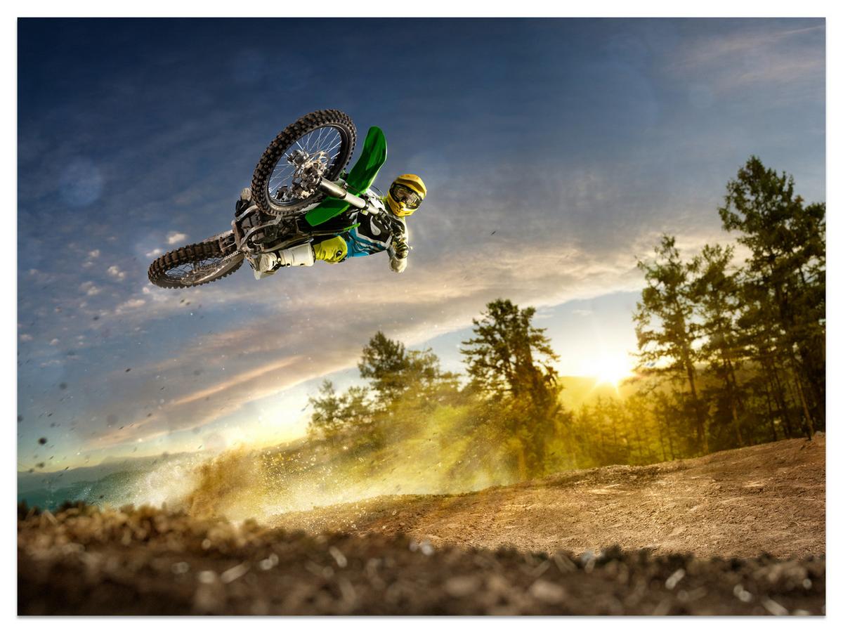 FOTOTAPETE für Jugendzimmer Motocross Sprung Berge Bäume 100x70 - Gelb/Beige, Papier (100/70cm) - Muralo
