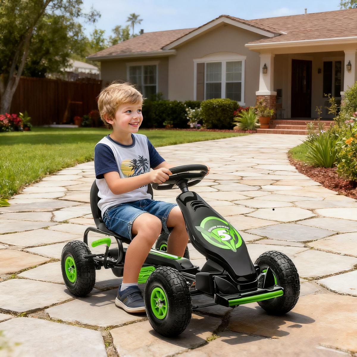 GOKART, Kinderfahrzeug mit verstellbarem Schalensitz, Tretauto, Grün+Schwarz - Grün, Metall (121/58/61cm) - HOMCOM