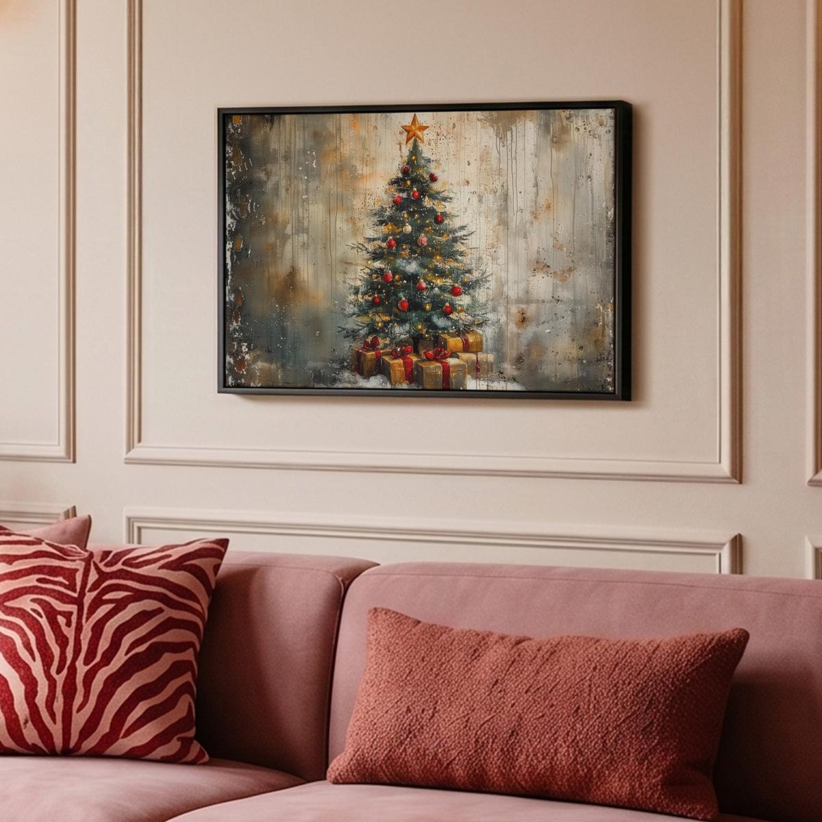 LEINWAND Bilder mit Rahmen - Weihnachtsbaum - Vintage - Weihnachten - Geschenk - 60x40 - Rostfarben, Textil (60/40cm) - MuchoWow