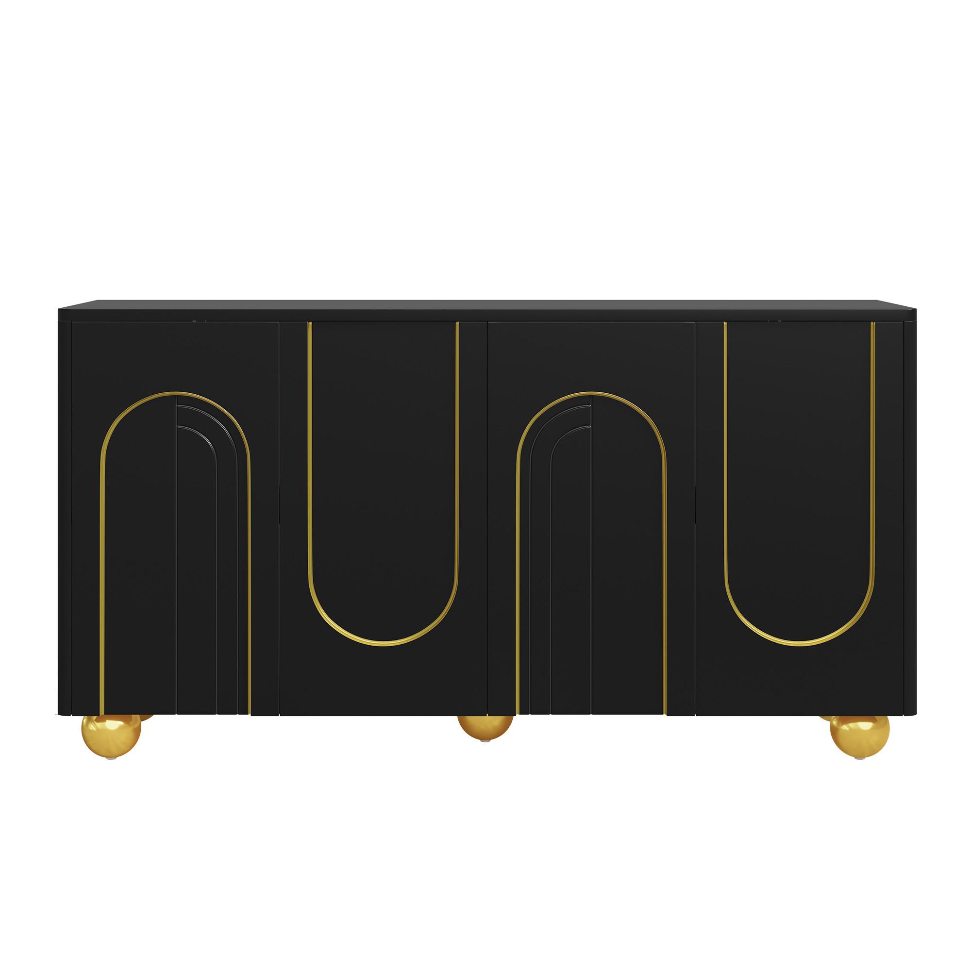 SIDEBOARD 140cm Schwarz mit Gold-Bogen-Dekor, 4 Türen & Kugel-Füßen - Schwarz, Holzwerkstoff (140/74/40cm) - Urban Meuble