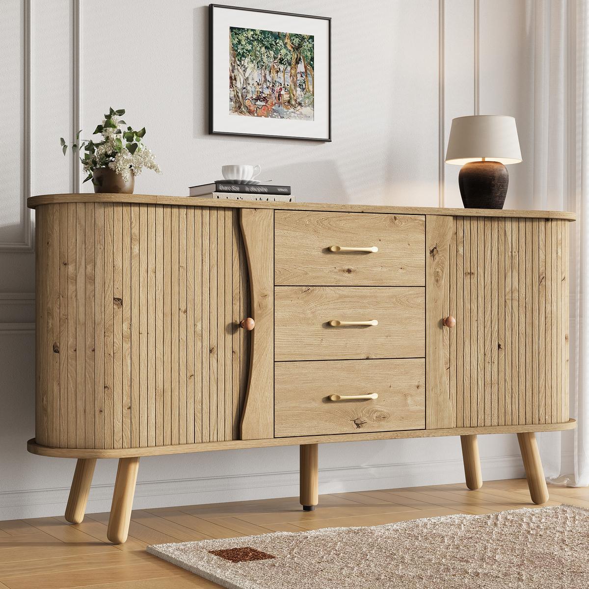 SIDEBOARD holzoptik & erbsenform 2 schiebetüren & 3 schubladen - Naturfarben, Holzwerkstoff (150/75/36.5cm) - Urban Meuble