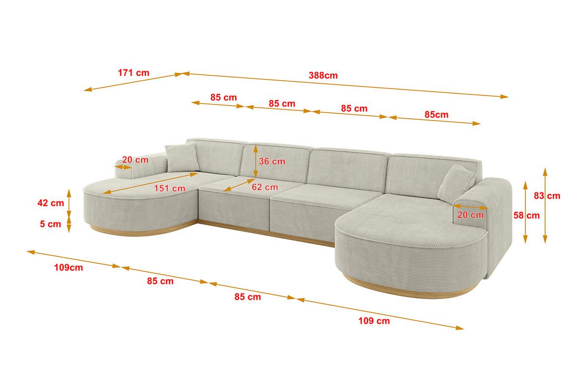 WOHNLANDSCHAFT MARI-U2-v2 - 388x171x83 cm Creme Cord - Hellgrau/Creme, Holzwerkstoff/Textil (388/83/171cm) - ALTDECOR