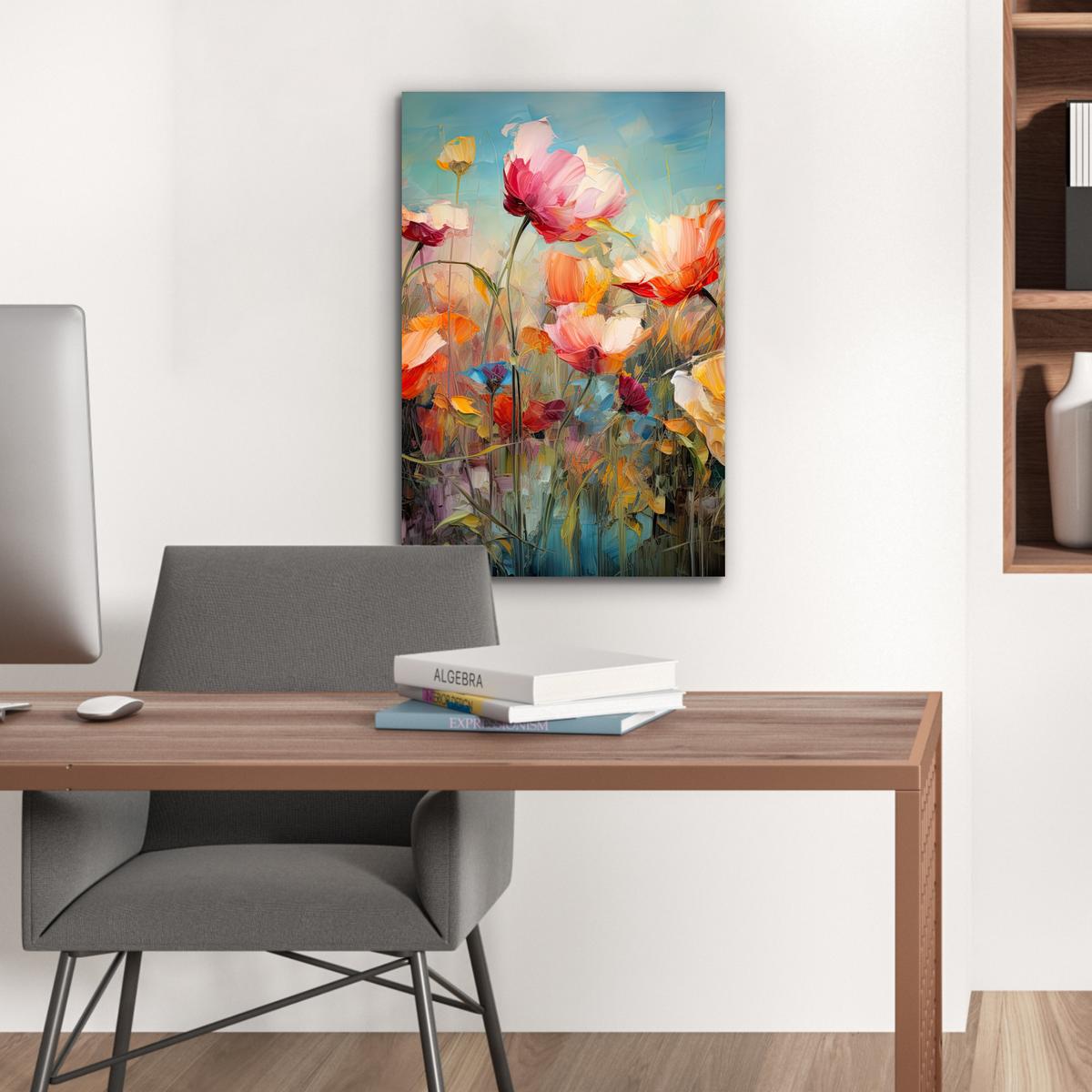 METALLBILD Blumen - Aquarell - Kunst - Botanisch - Natur Deko Schlafzimmer 40x60 cm - Orange, Metall (40/60cm) - MuchoWow