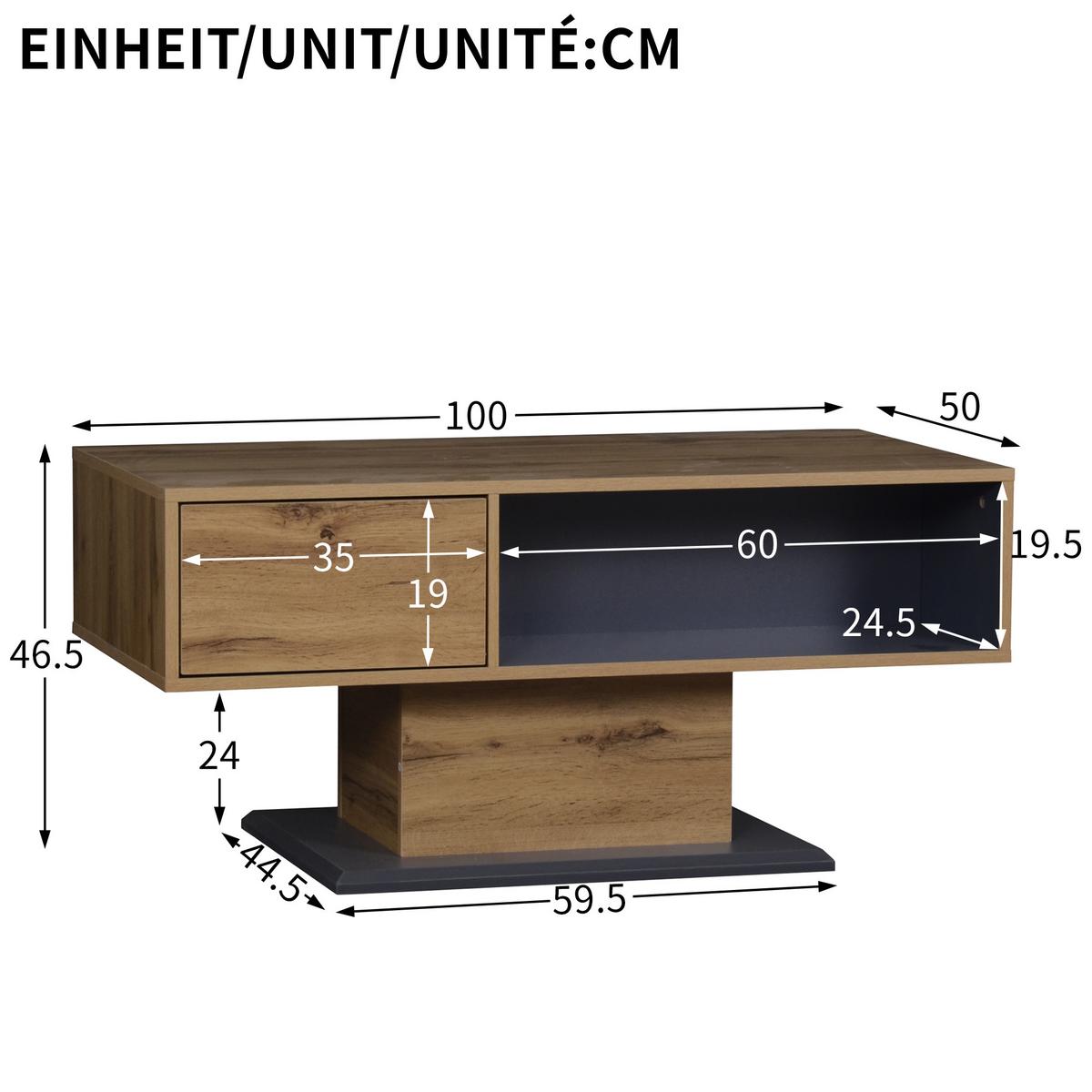 COUCHTISCH in Eiche-Optik & Grau Mit Klappfach & beidseitigem Stauraum - Grau, Holzwerkstoff (50/100/46.5cm) - Urban Meuble