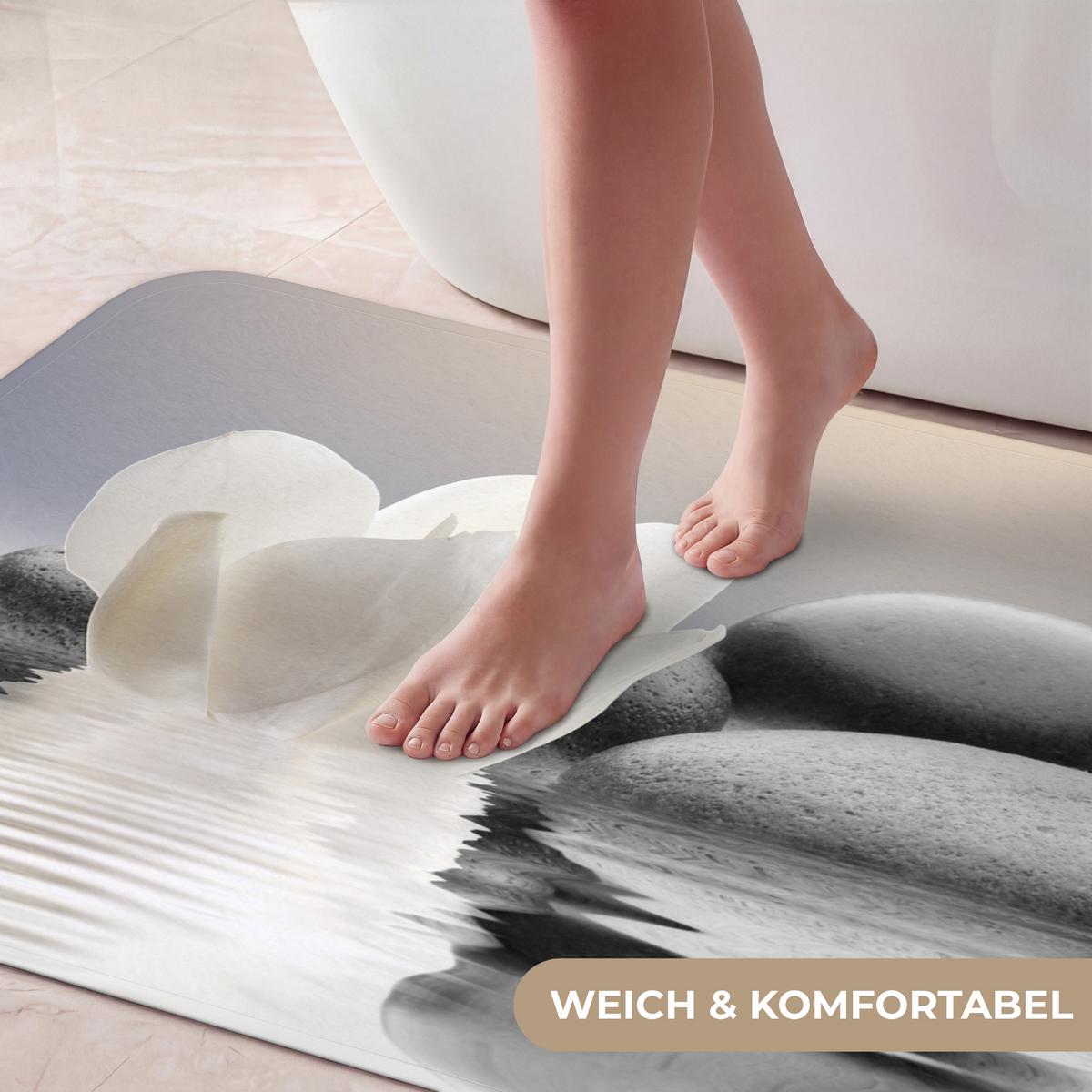 BADEMATTE Steine - Lotus - Weiß - Wasser - Zen 120x60 cm - Weiß, Textil (120/60cm) - OnlyWow