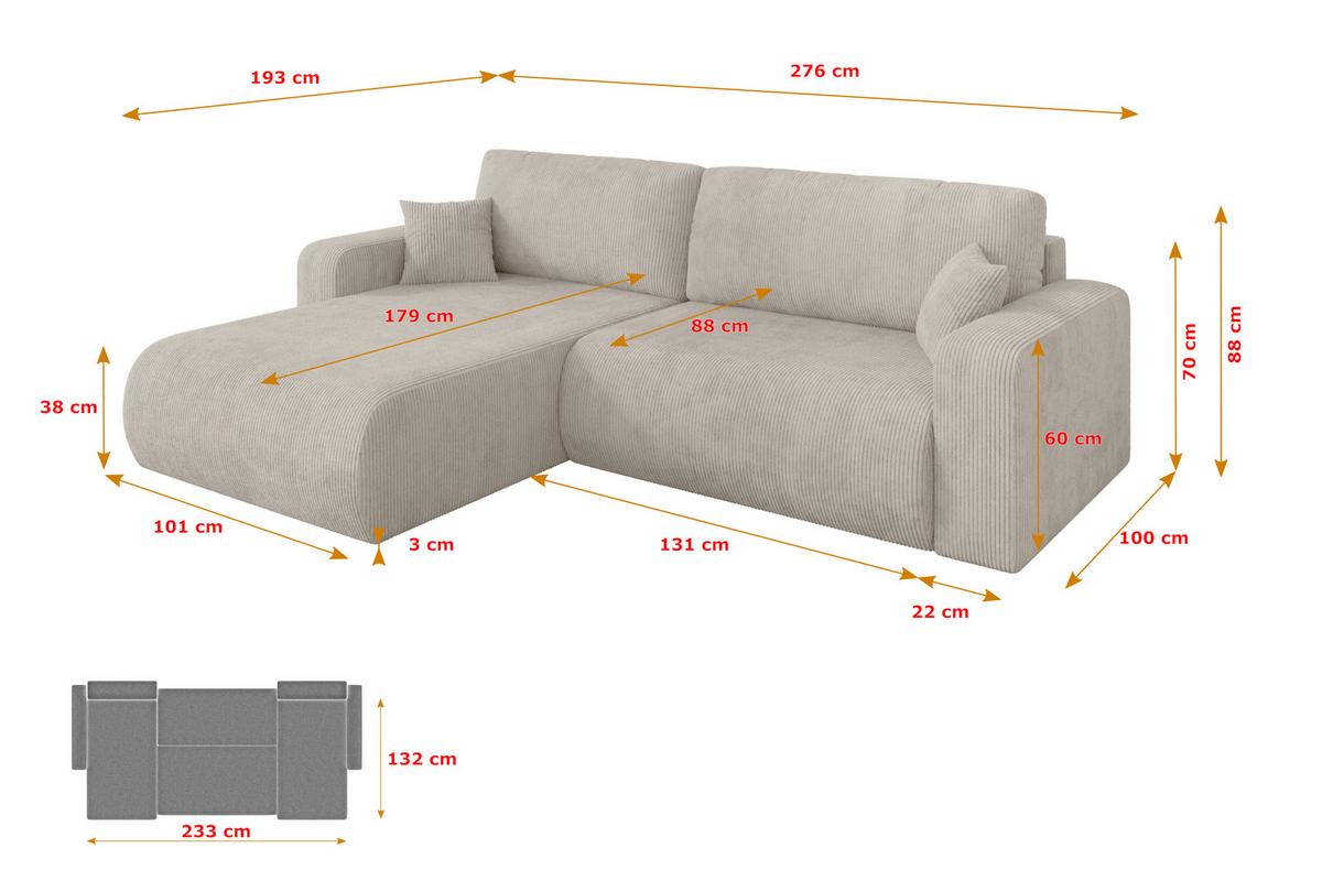 ECKSOFA mit Schlaffunktion Ottomane Links BERY-L 276x193x88 Creme Cord - Ecru/Creme, Holzwerkstoff/Kunststoff (276/193cm) - ALTDECOR