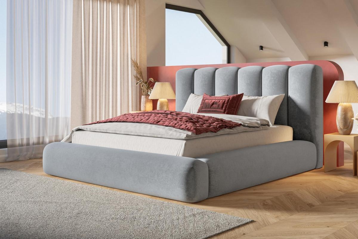 BETT 140x200 - Polsterbett mit Bettkasten und Metallrahmen - Modern Bett - Eleganter Jasmine-Stoff - Kollektion Alva Maxi - Hellgrau - Hellgrau, Holz/Textil (140/200cm) - Alpi-Möbel