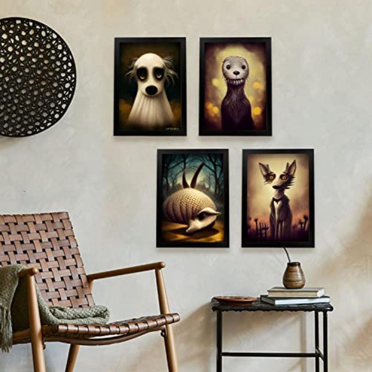 POSTER Set mit 4 Hunde im T Burton Goth Stil A3 Rahmen aus hellem Holz - Beige, Papier (29.7/3cm) - Nacnic