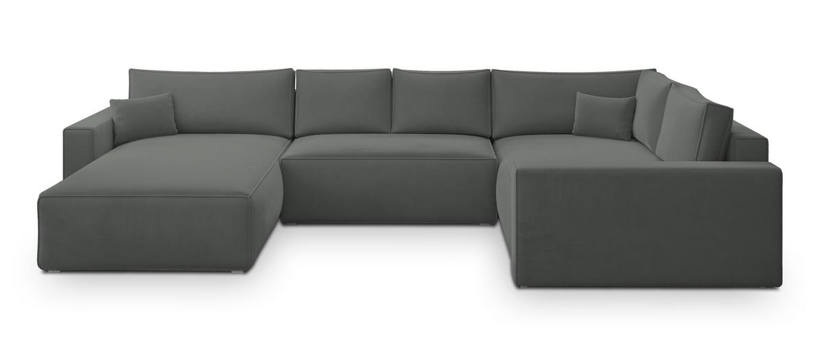 WOHNLANDSCHAFT VELAMI R-S Grau Velours-Stoff mit Schlaffunktion - Grau, Holz (365/83/194cm) - MASSENO
