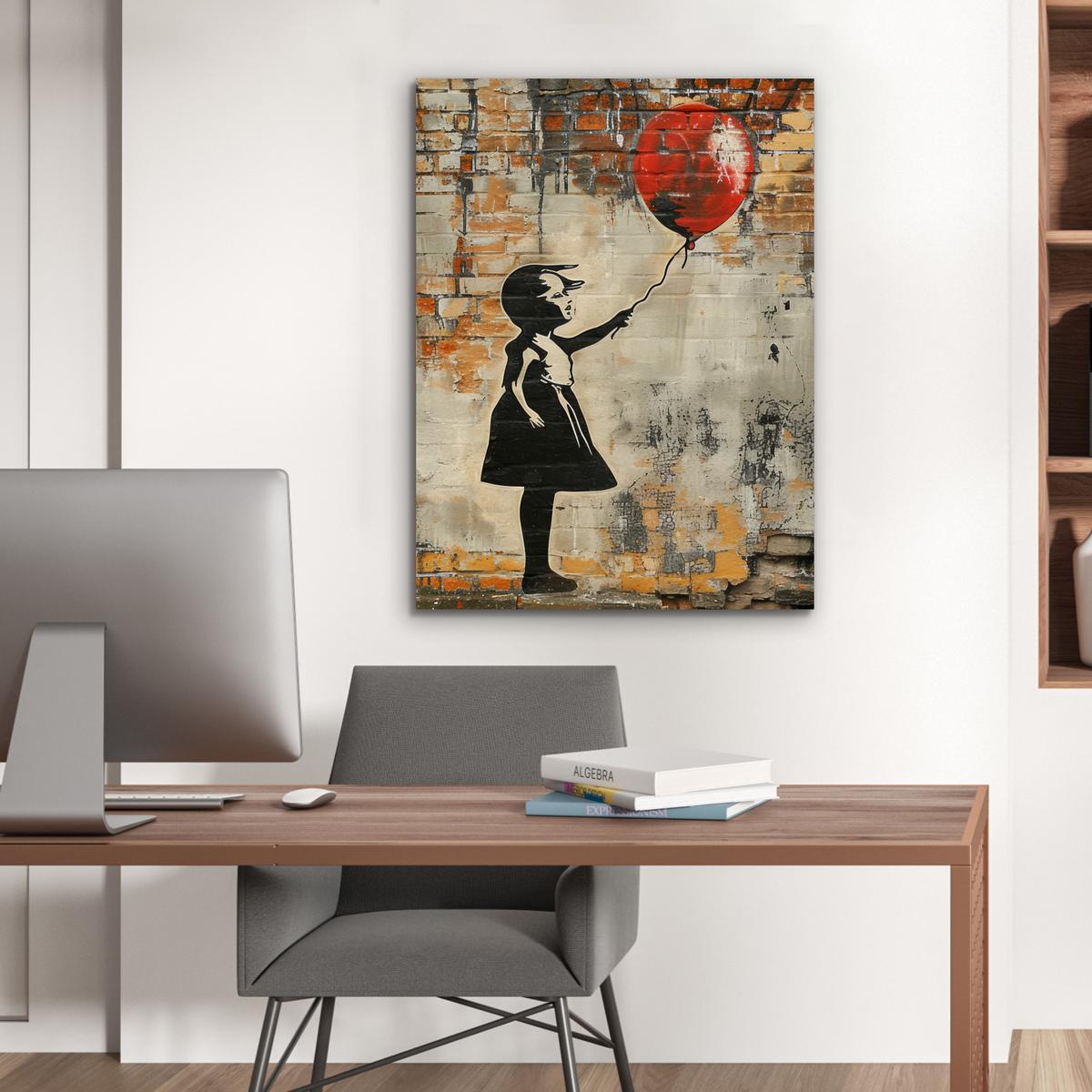 METALLBILD Graffiti - Banksy - Mädchen - Straßenkunst 60x80 cm - Sandfarben, Metall (60/80cm) - MuchoWow