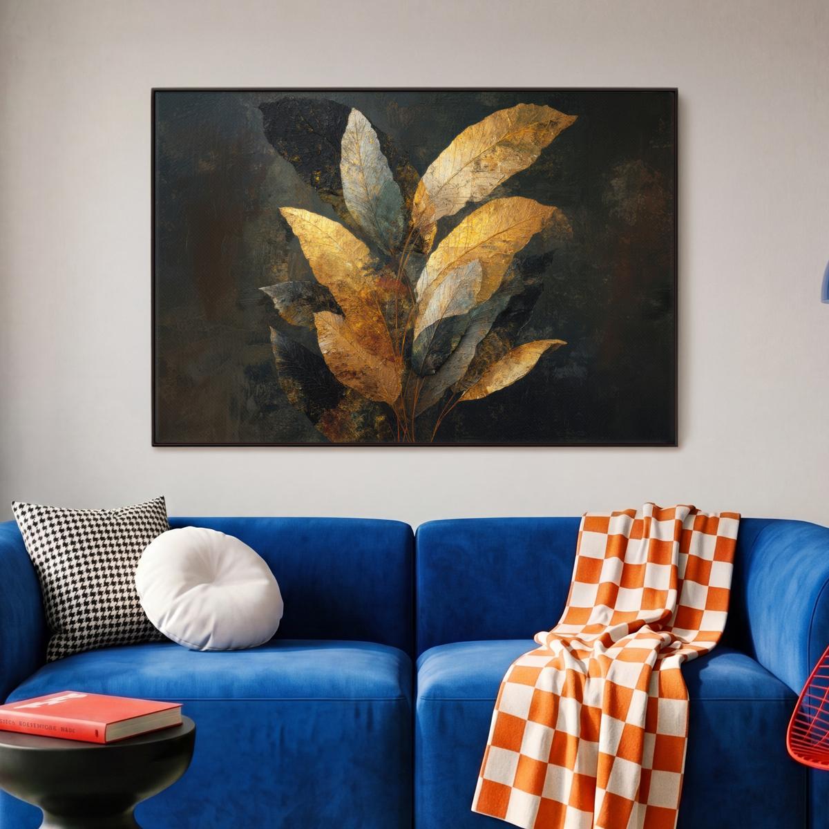 LEINWAND Bilder mit Rahmen - Golden Leaf Komposition - Botanical Luxury - 90x60 - Goldfarben, Textil (90/60cm) - MuchoWow