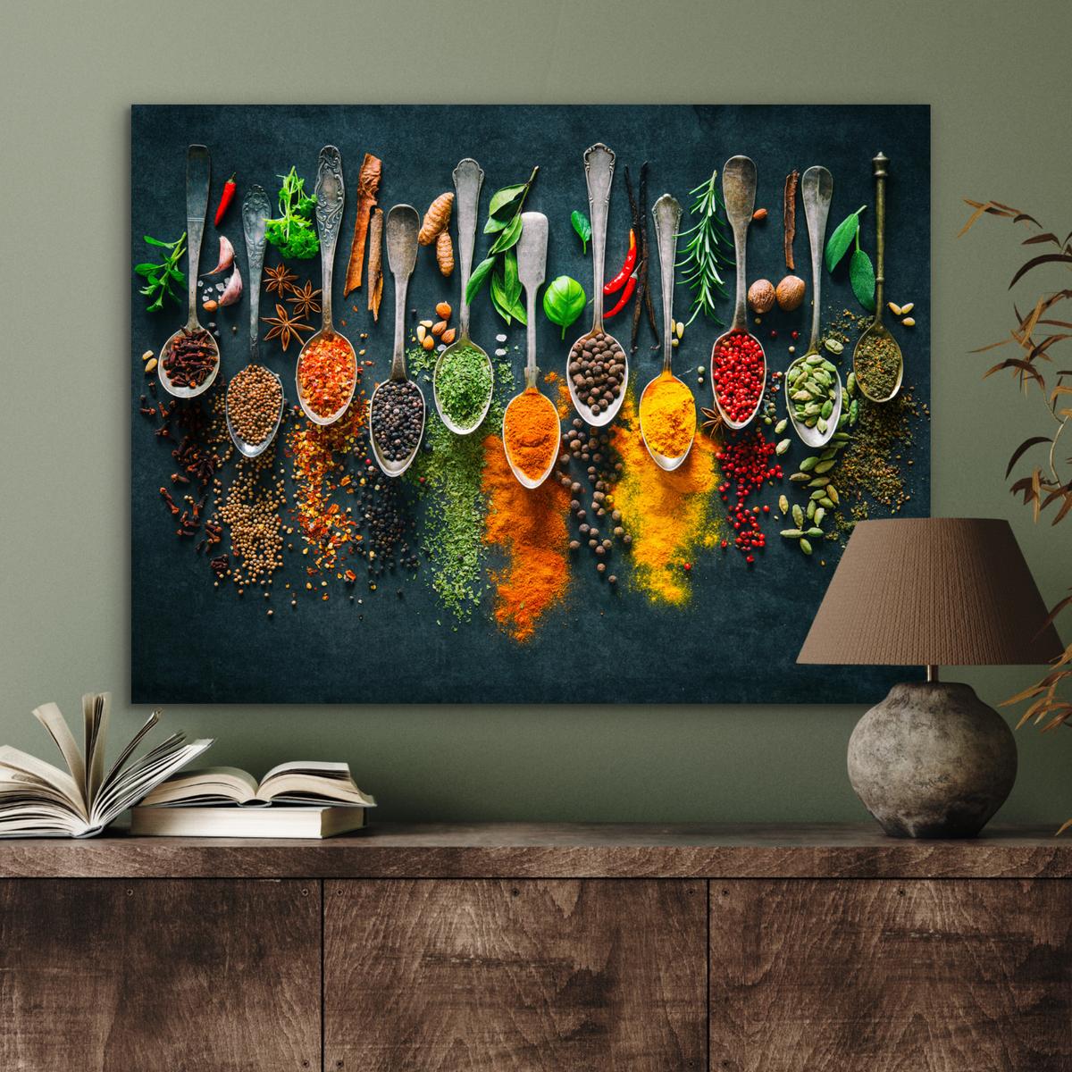 METALLBILD Kräuter - Gewürze - Löffel 80x60 cm - Currygelb, Metall (80/60cm) - MuchoWow