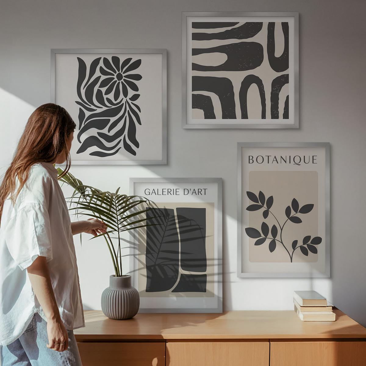 BILDER SET 4er Set - 50x50 cm & 40x60 cm Silberner Rahmen - Abstrakte Pflanzenmuster - Silberfarben, Kunststoff (50/50cm) - TULUP