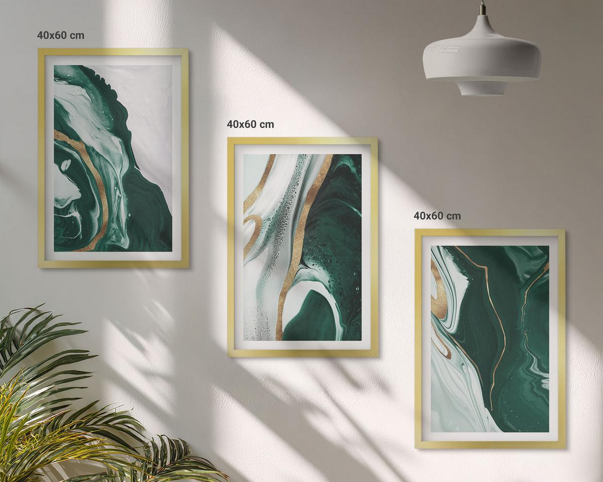 BILDER SET 3er Set - 40x60 cm Goldrahmen - Abstrakte grüne Farbmuster - Goldfarben, Kunststoff (40/60cm) - TULUP
