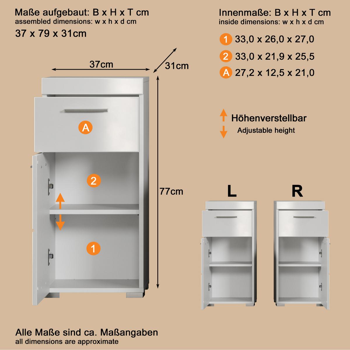 BADSCHRANK weiß Hochglanz 37 x 79 cm, Badezimmer Unterschrank modern - Weiß, Holzwerkstoff/Kunststoff (37/79/31cm) - Top.Furn