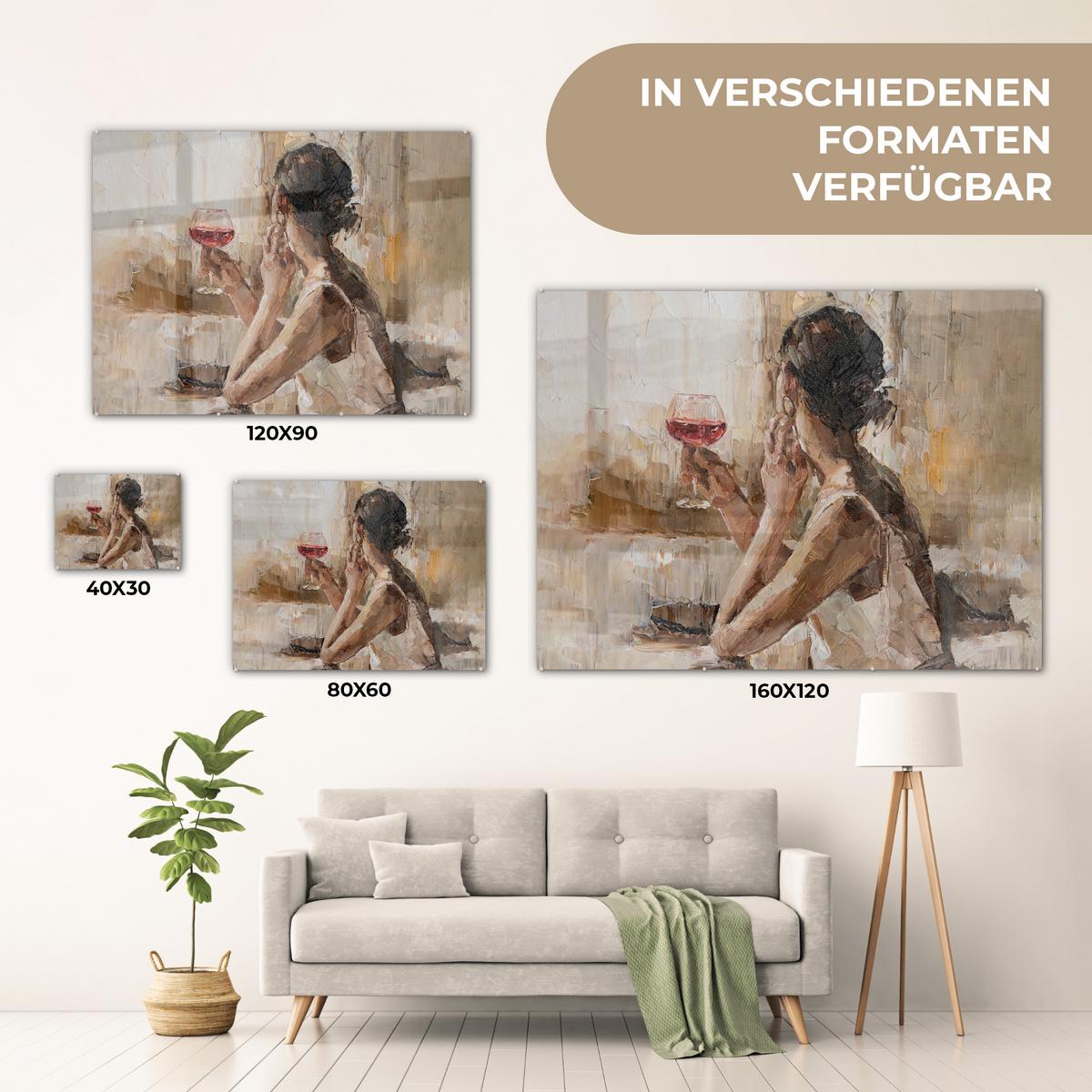 ACRYLGLASBILD Ölgemälde - Frau - Wein 80x60 cm - Hellbraun, Glas (80/60cm) - MuchoWow