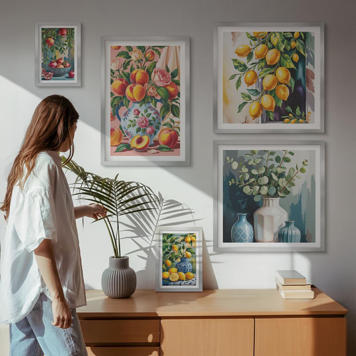 BILDER SET 5er Set - 50x50 cm & 20x30 cm & 40x60 cm Silberner Rahmen - Amalfi-Zitronen und -Orangen - Silberfarben, Kunststoff (40/60cm) - TULUP