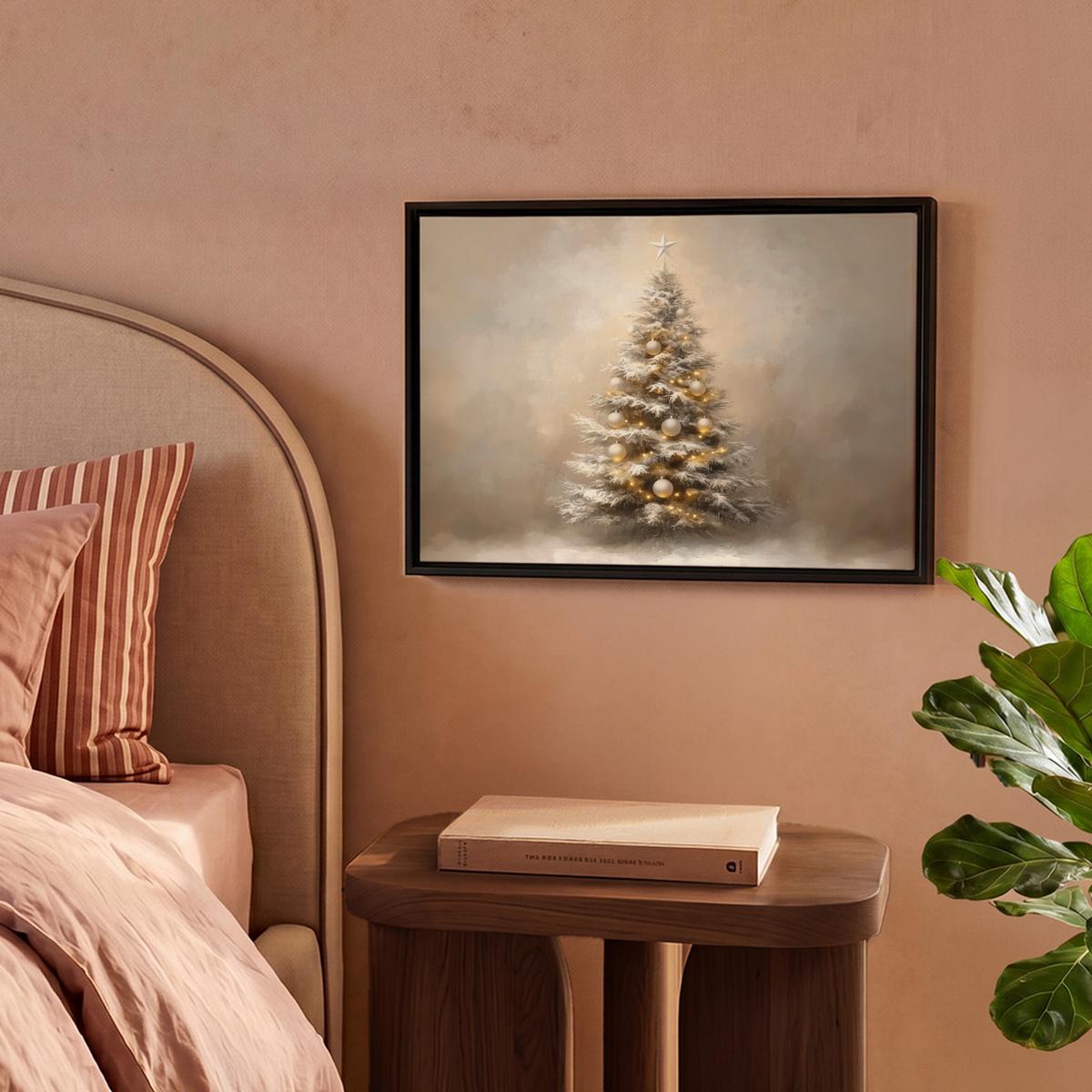 LEINWAND Bilder mit Rahmen - Weihnachten - Weihnachtsbaum - Schnee - Kunst - 40x30 - Champagner, Textil (40/30cm) - MuchoWow