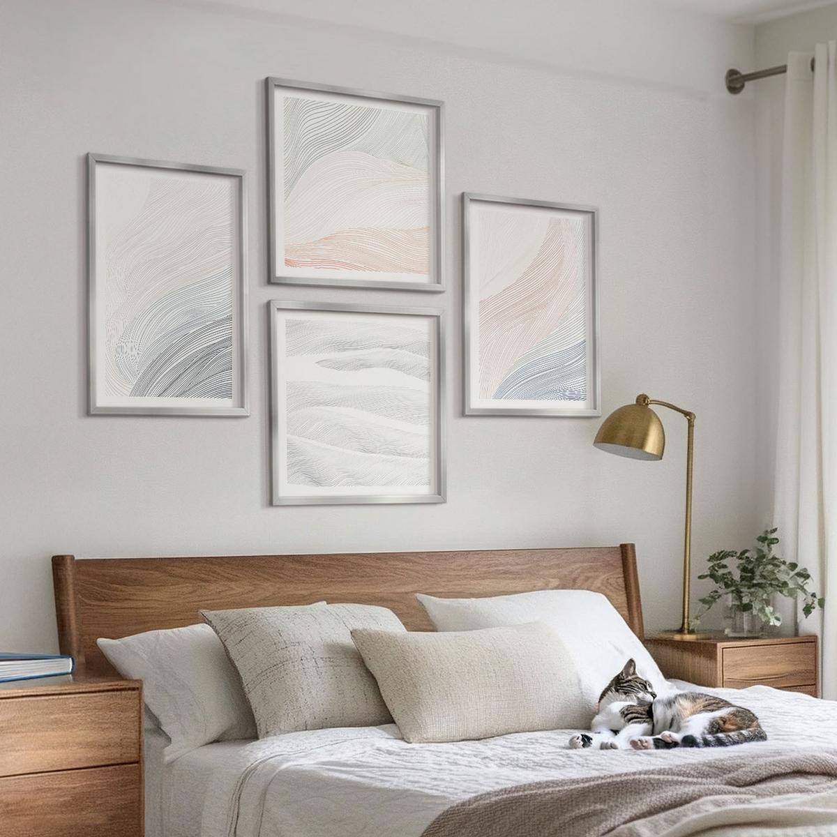 BILDER SET 4er Set - 50x50 cm & 40x60 cm Silberner Rahmen - Abstrakte Pastellwellen - Silberfarben, Kunststoff (50/50cm) - TULUP