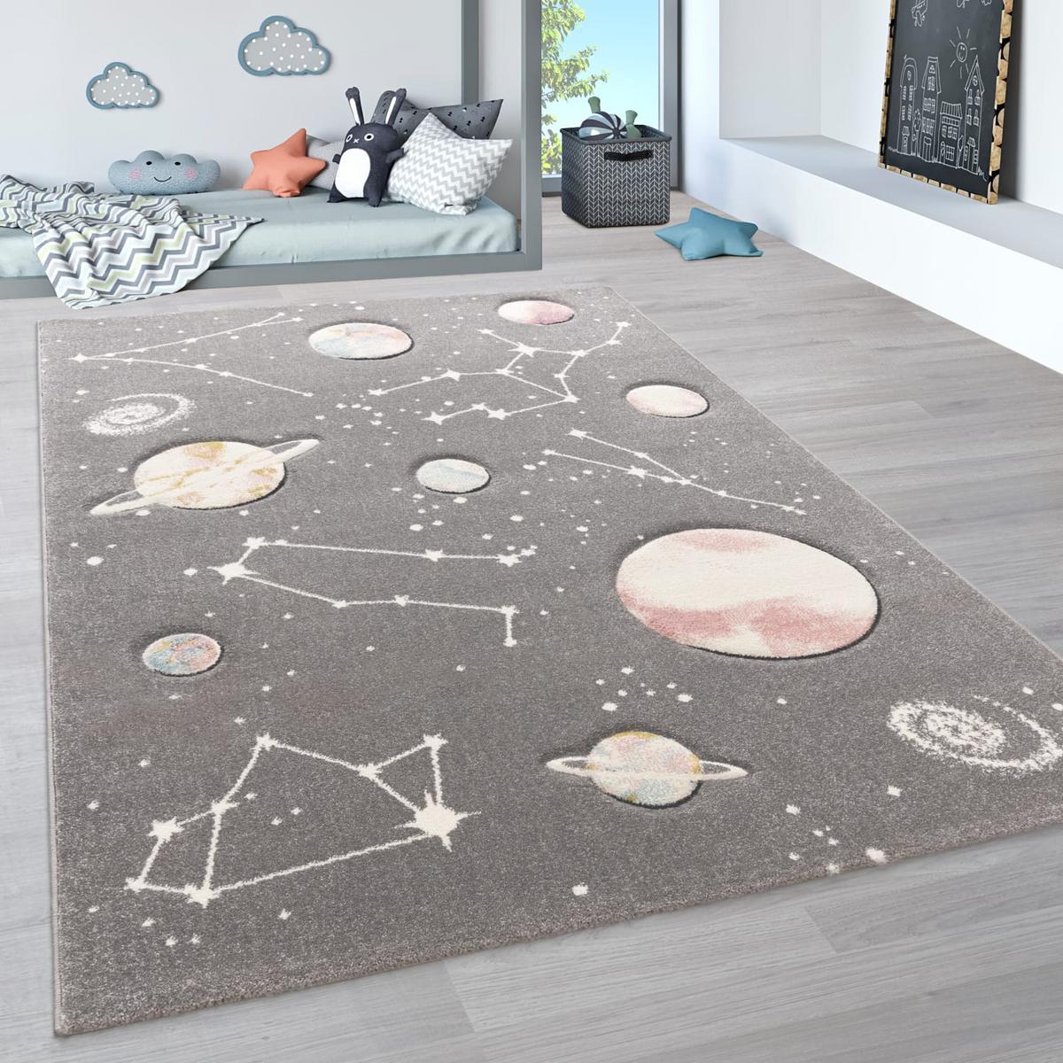 KINDERTEPPICH, mit Weltraum-Motiv, aus Polypropylen, Grau, 133 x 133 cm - Grau, Textil (133/133cm) - KADIMA DESIGN