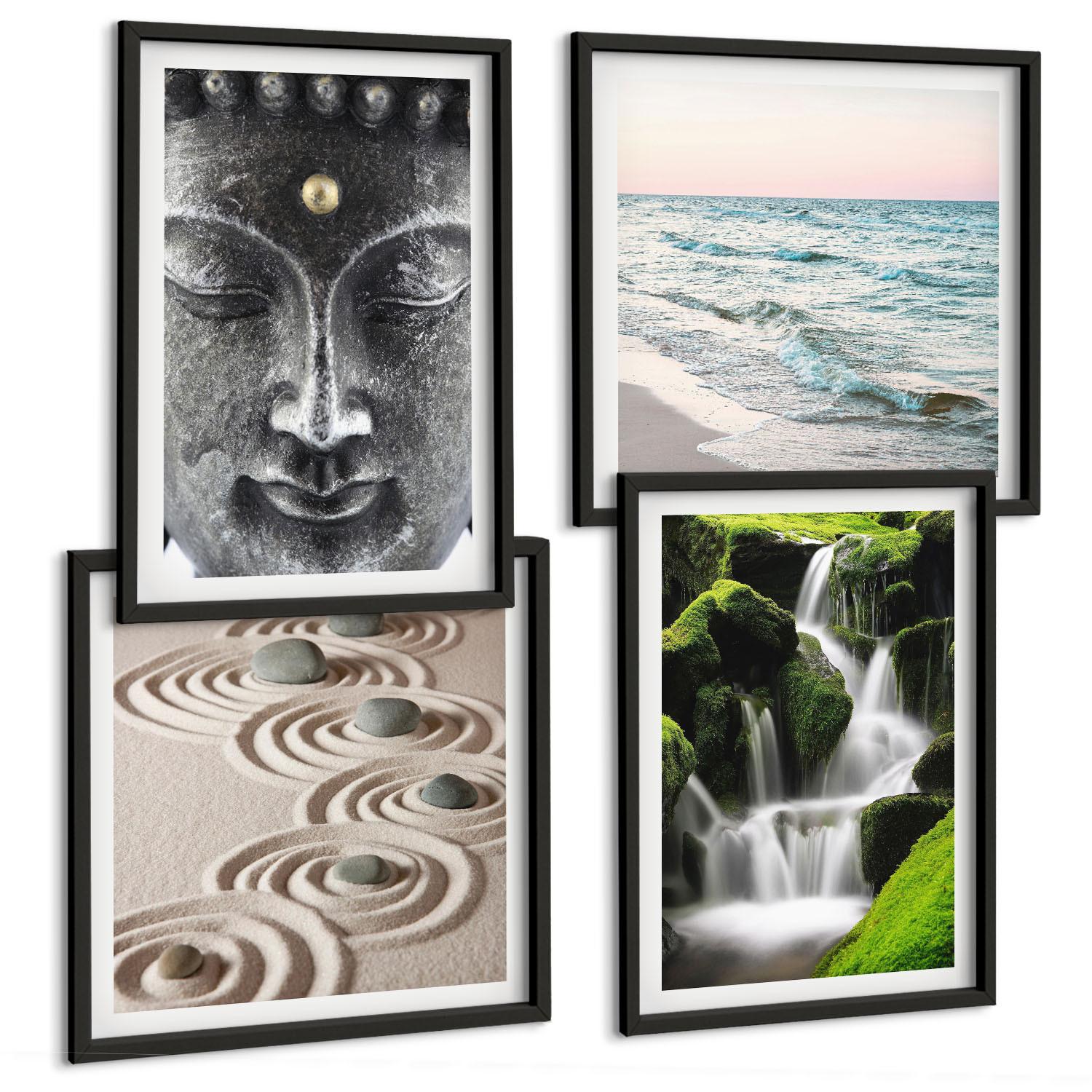 BILDER SET 4er Set - 50x50 cm & 40x60 cm Schwarzer Rahmen - Der Frieden der Natur mit Buddha - Schwarz, Kunststoff (50/50cm) - TULUP