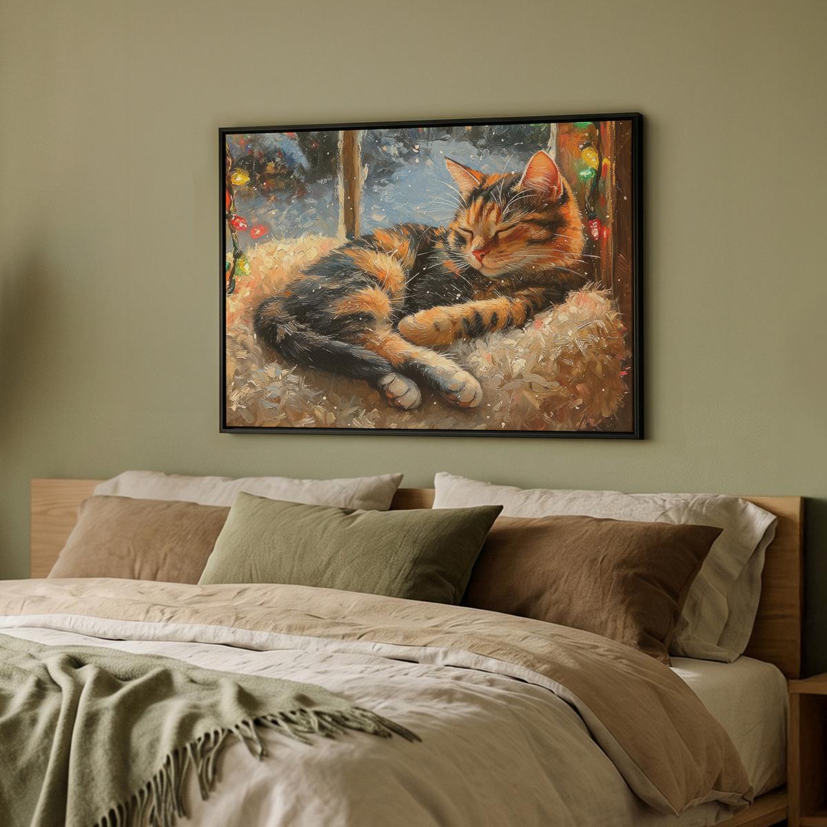 LEINWAND Bilder mit Rahmen - Katze - Weihnachten - Winter - Tier - 70x50 - Bernsteinfarben, Textil (70/50cm) - MuchoWow