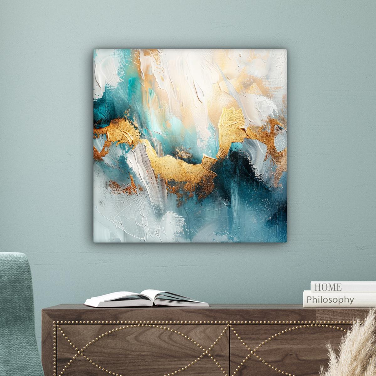 LEINWANDBILD Abstrakt - Kunst - Gold - Blau Wandbild Wohnzimmer 50x50 cm - Petrol, Textil (50/50cm) - MuchoWow