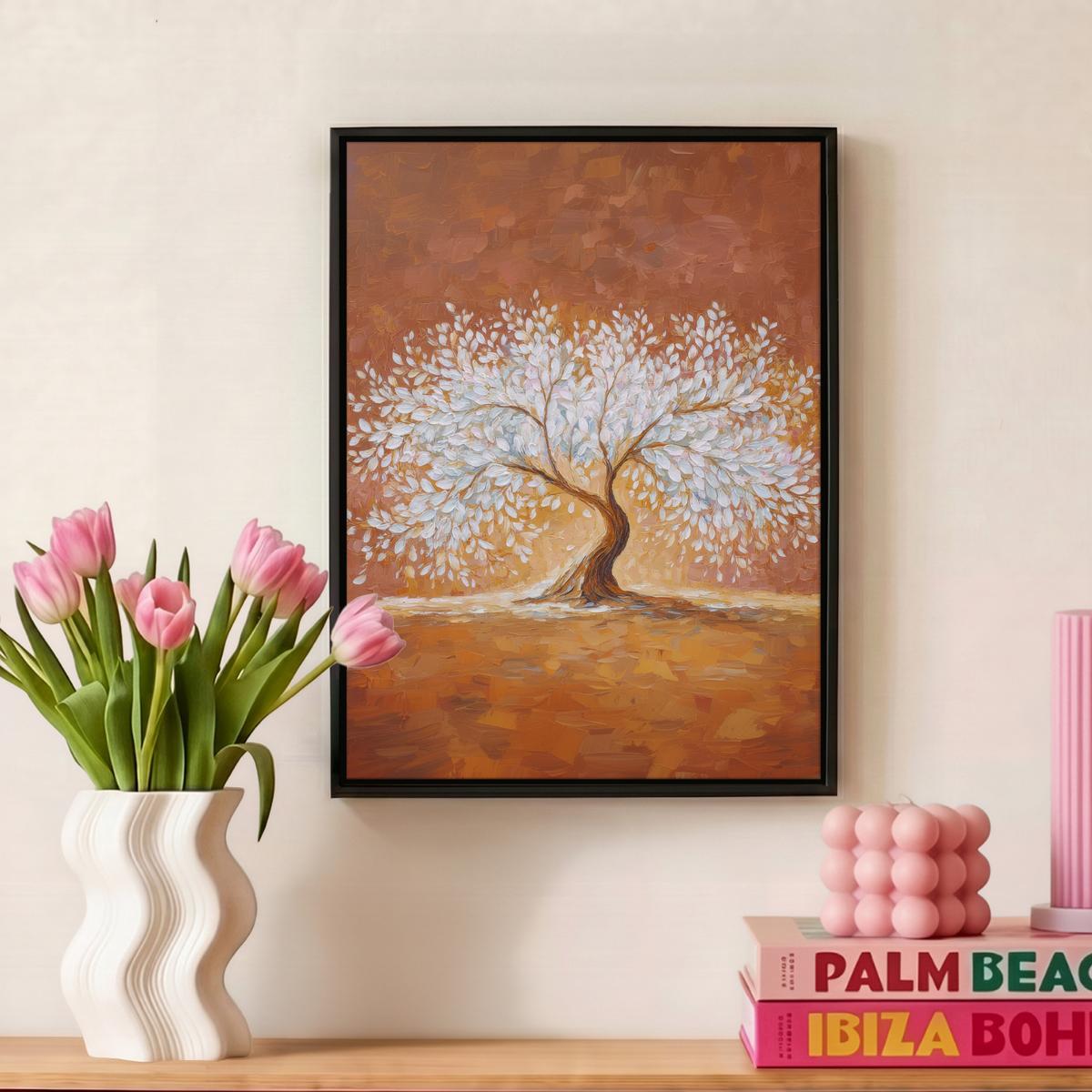 LEINWAND Bilder mit Rahmen - Abstrakt - Baum - Weiß - Blätter - 30x40 - Braun, Textil (30/40cm) - MuchoWow