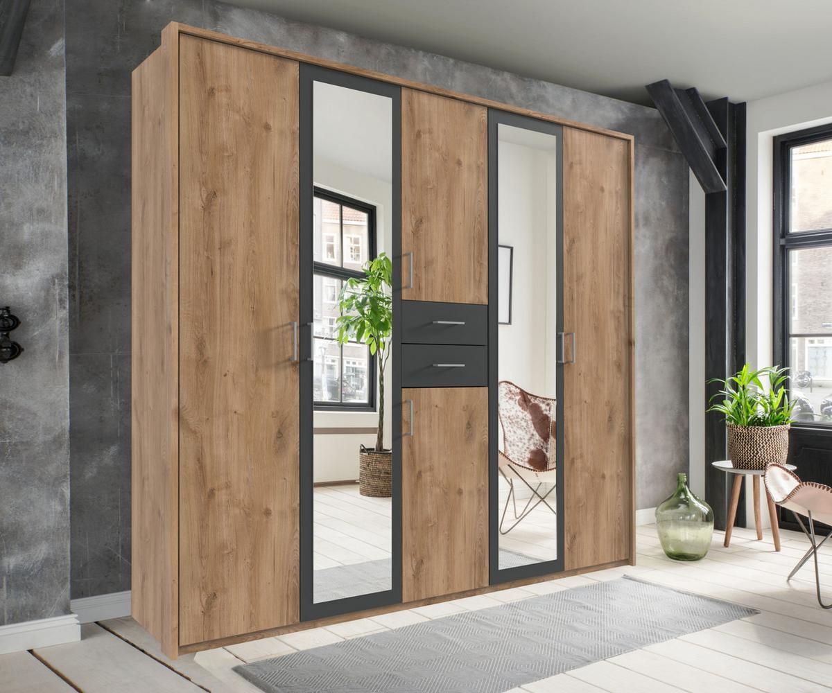 DREHTÜRENSCHRANK Kleiderschrank B228/H210/T58 cm mit Passepartout, Schubkästen & 2 Spiegeltüren, Eiche Dekor mit Absetzungen in Grafit / 22600 - Eichefarben/Silberfarben, Holzwerkstoff/Kunststoff (228/210/58cm) - luma-home