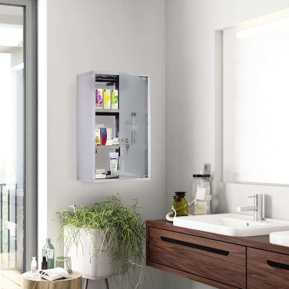 MEDIZINSCHRANK Arzneischrank Erste Hilfe mit Schloss Edelstahl 30 x 18 x 50 cm - Silberfarben, Glas (18/50/30cm) - HOMCOM
