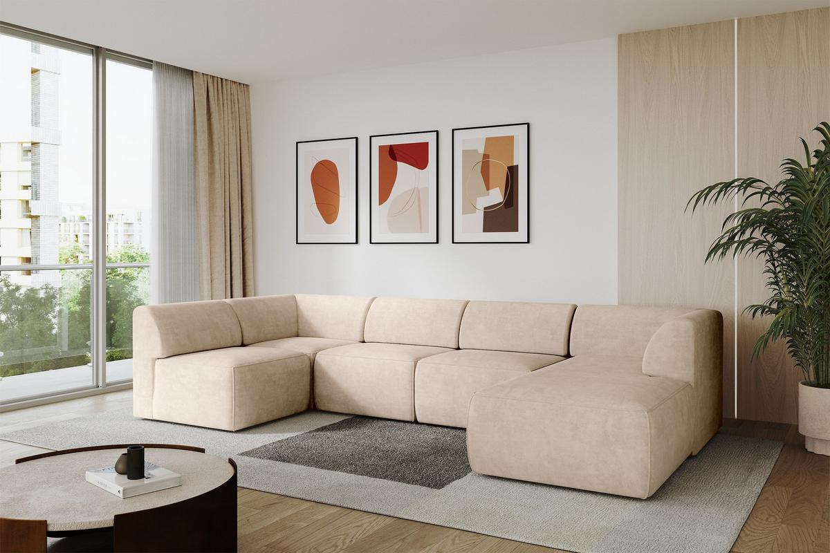 WOHNLANDSCHAFT Ottomane Rechts MOVO-L 345x180x78 cm Beige Velours - Mokka, Holzwerkstoff/Kunststoff (180/78/345cm) - ALTDECOR