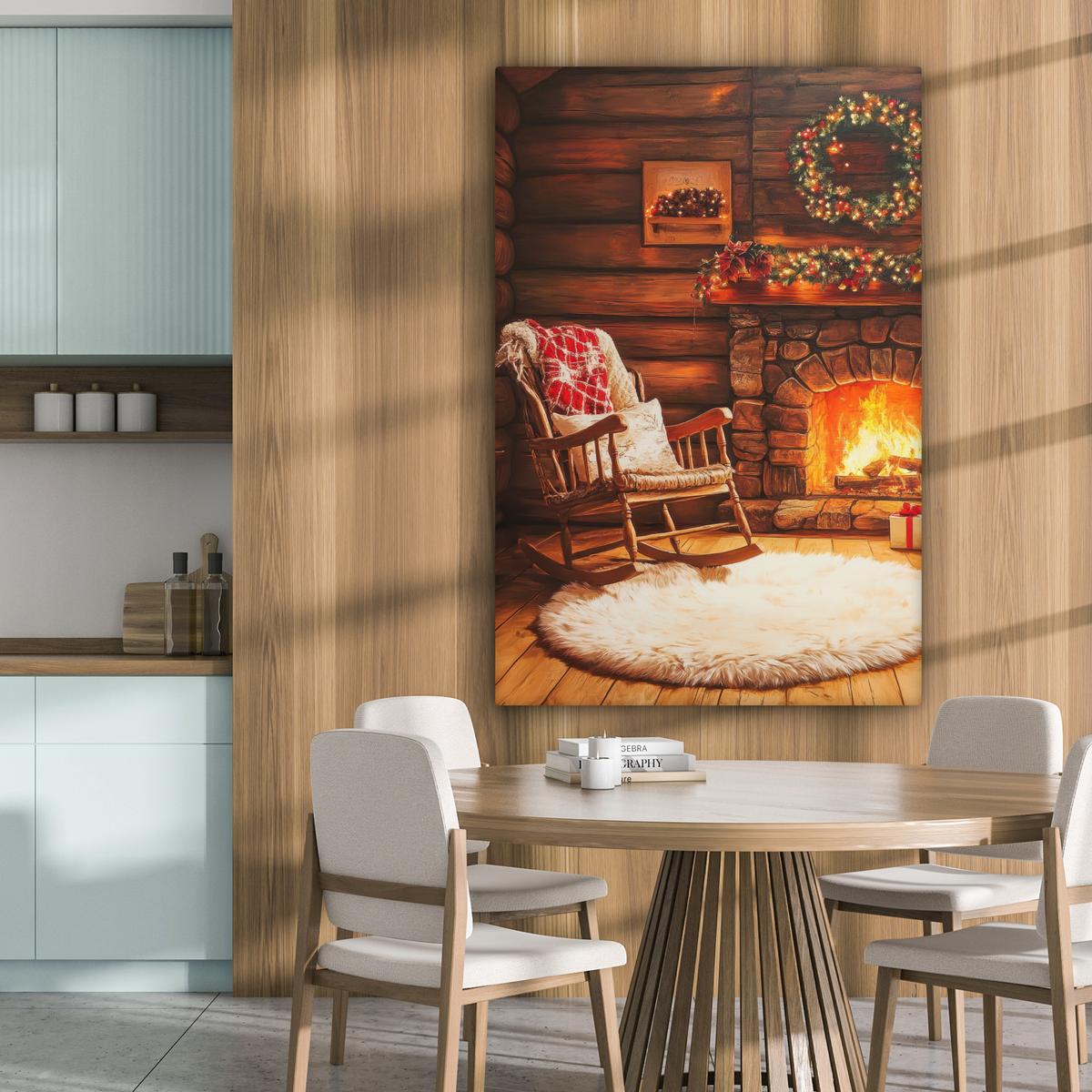 LEINWANDBILD Winter - Weihnachten - Zuhause - Kamin Deko XXL 80x120 cm - Bernsteinfarben, Textil (80/120cm) - MuchoWow