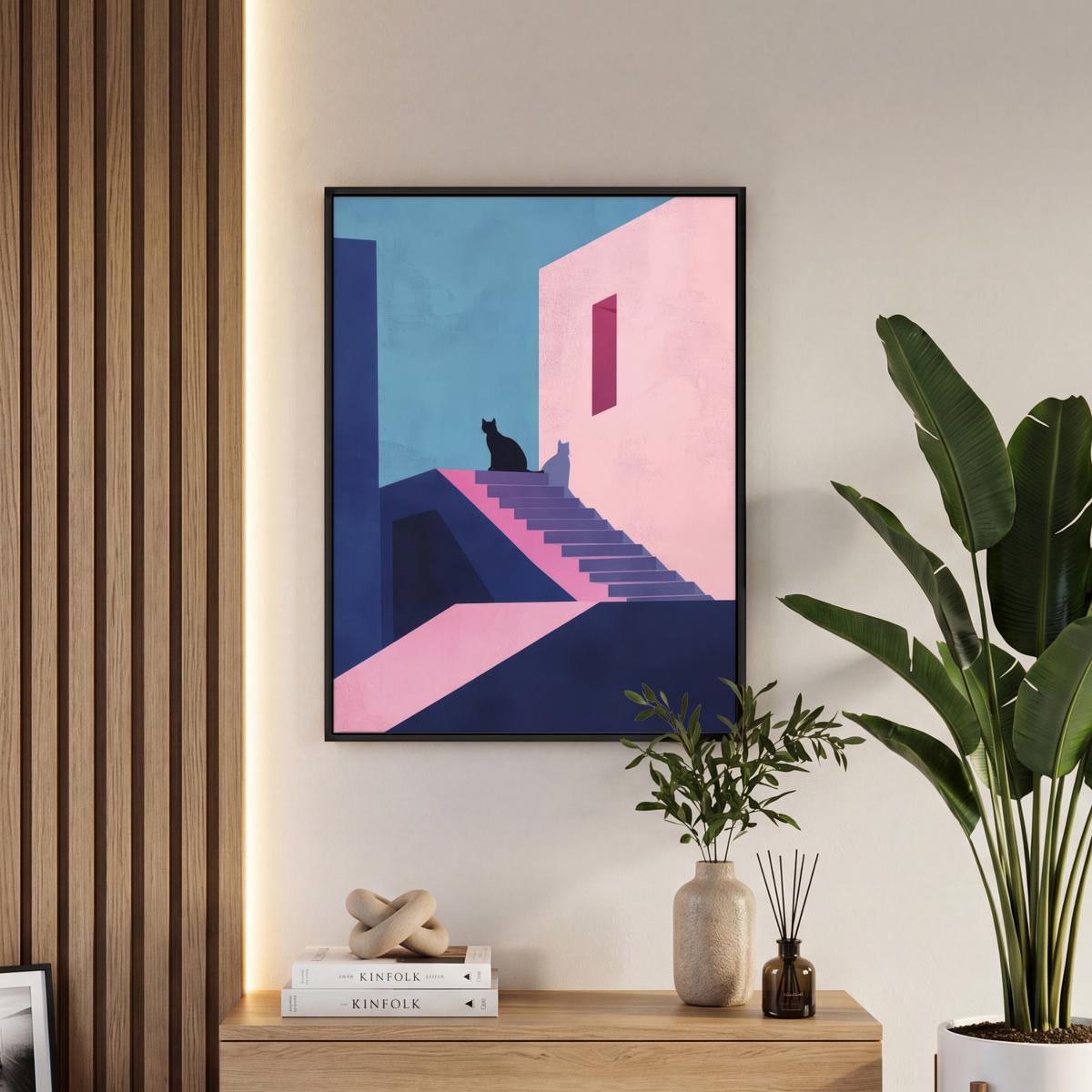 LEINWAND Bilder mit Rahmen - Katze - Treppe - Gebäude - Schattenkontraste - 60x80 - Dunkelblau, Textil (60/80cm) - MuchoWow