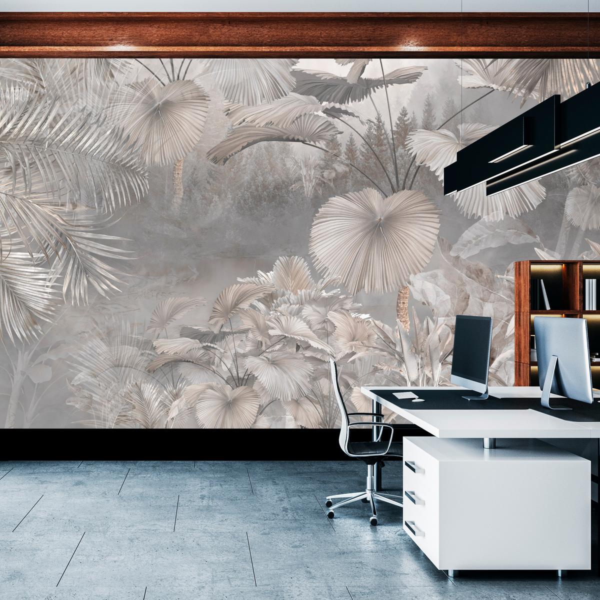 FOTOTAPETE für Wohnzimmer Tropische Blätter Dschungel Palmen Grau 250x175 - Beige/Grau, Papier (250/175cm) - Muralo