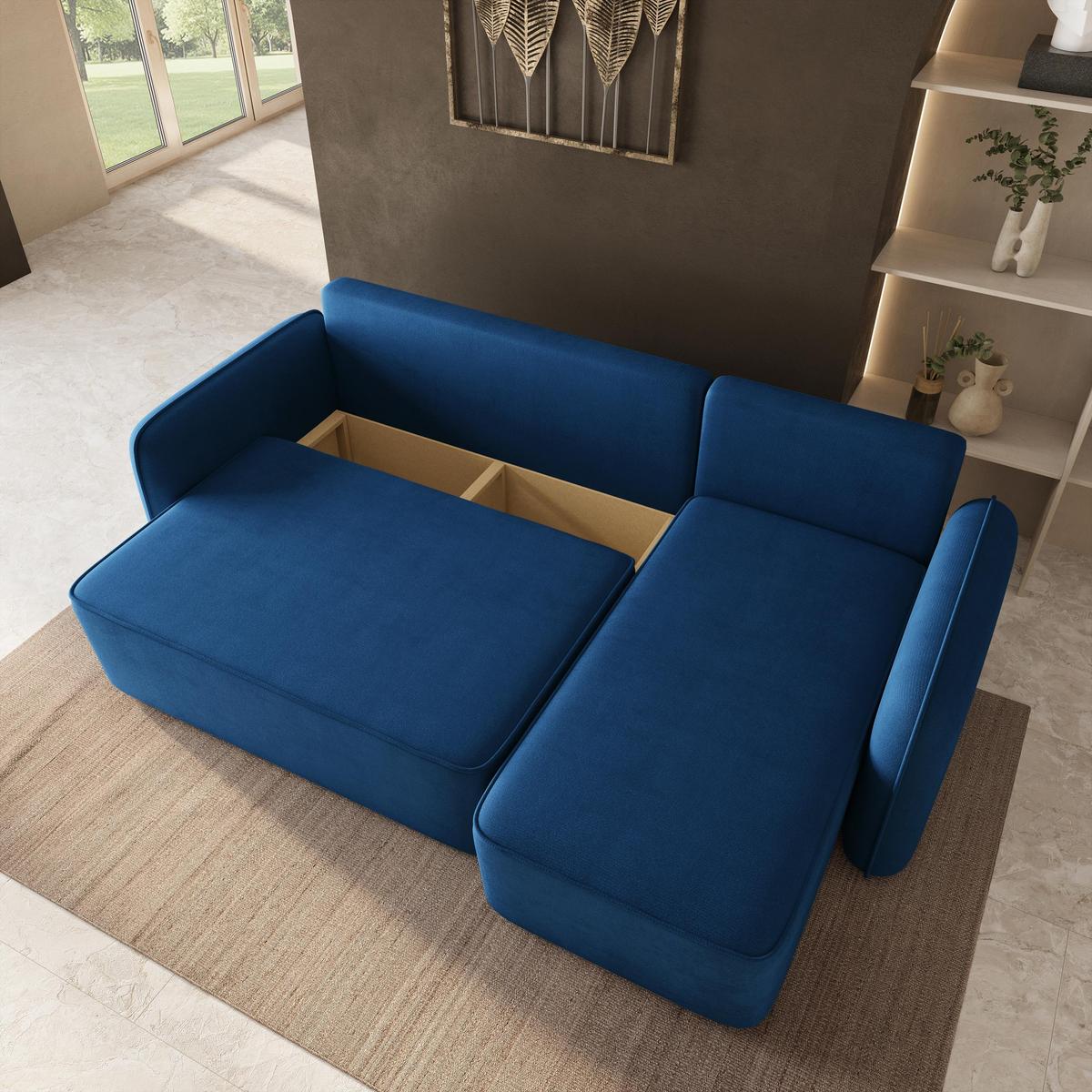ECKSOFA DOLVER Blau Plüsch-Stoff mit Schlaffunktion - Blau, Holz (238/156cm) - MASSENO