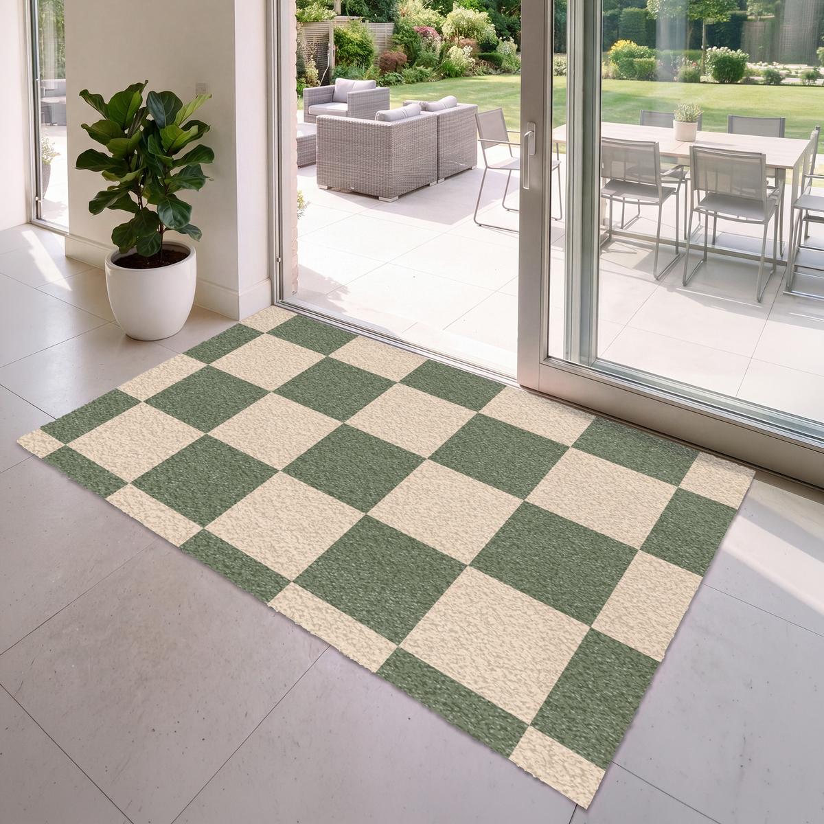 FUSSMATTE Schachbrettmuster - Grün - Beige - Blöcke Flurteppich 180x120 cm - Olivgrün, Kunststoff (180/0.4cm) - MuchoWow
