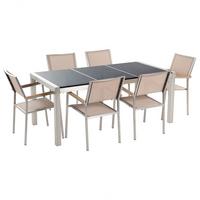 GARTENMÖBEL SET 6-Sitzer Naturstein schwarz poliert beige Grosseto - Beige/Silberfarben, Metall - Beliani