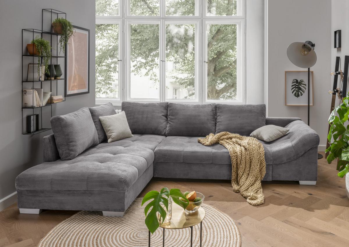 ECKSOFA mit Schlaffunktion, Wellenunterfederung, Ottomane links B298/T202/H84 cm, Liegefl. 154x227 cm, Cord Grau / 17202 - Beige/Silberfarben, Holzwerkstoff/Textil (298/202cm) - luma-home