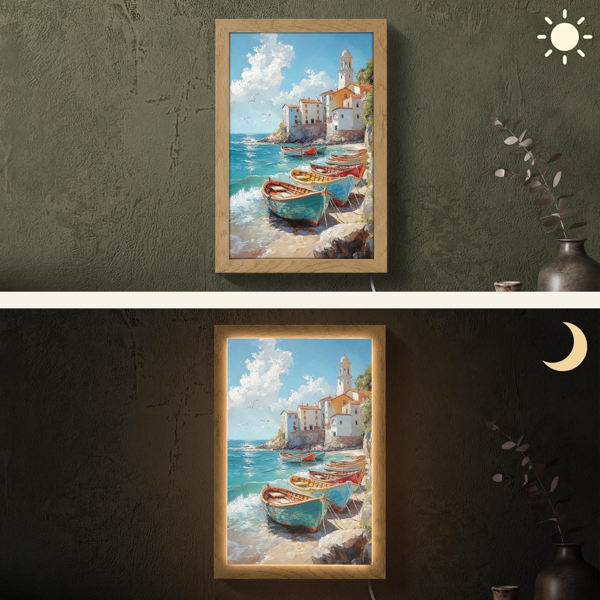 WANDLEUCHTE Boote - Felsen - Meer - Sonne 20x30 cm - Blau, Holzwerkstoff (20/30/8cm) - OnlyWow