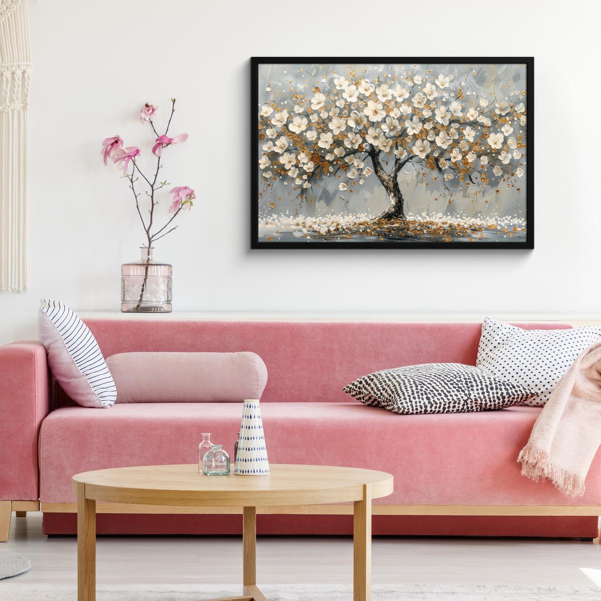 POSTER MIT RAHMENGERAHMTES BILD Baum - Blumen - Weiß - Natur - Kunst 90x60 cm - Weiß, Papier (90/60cm) - MuchoWow