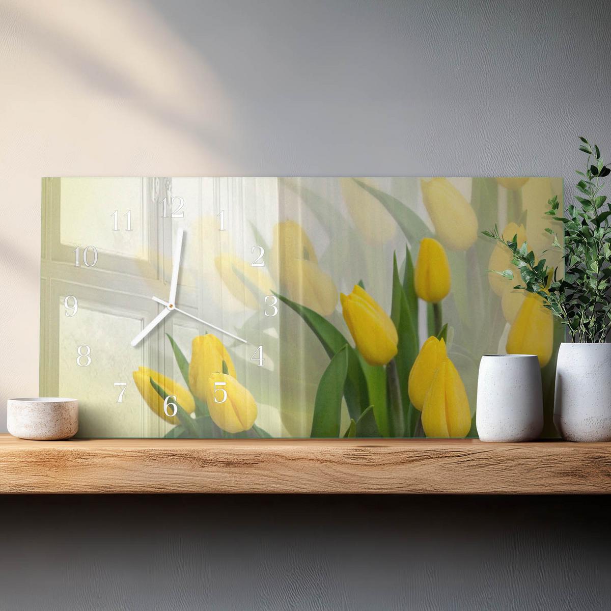 WANDUHR aus Glas 60x30 cm - Tulpen - Gelb, Glas (60/30/0.4cm) - TULUP