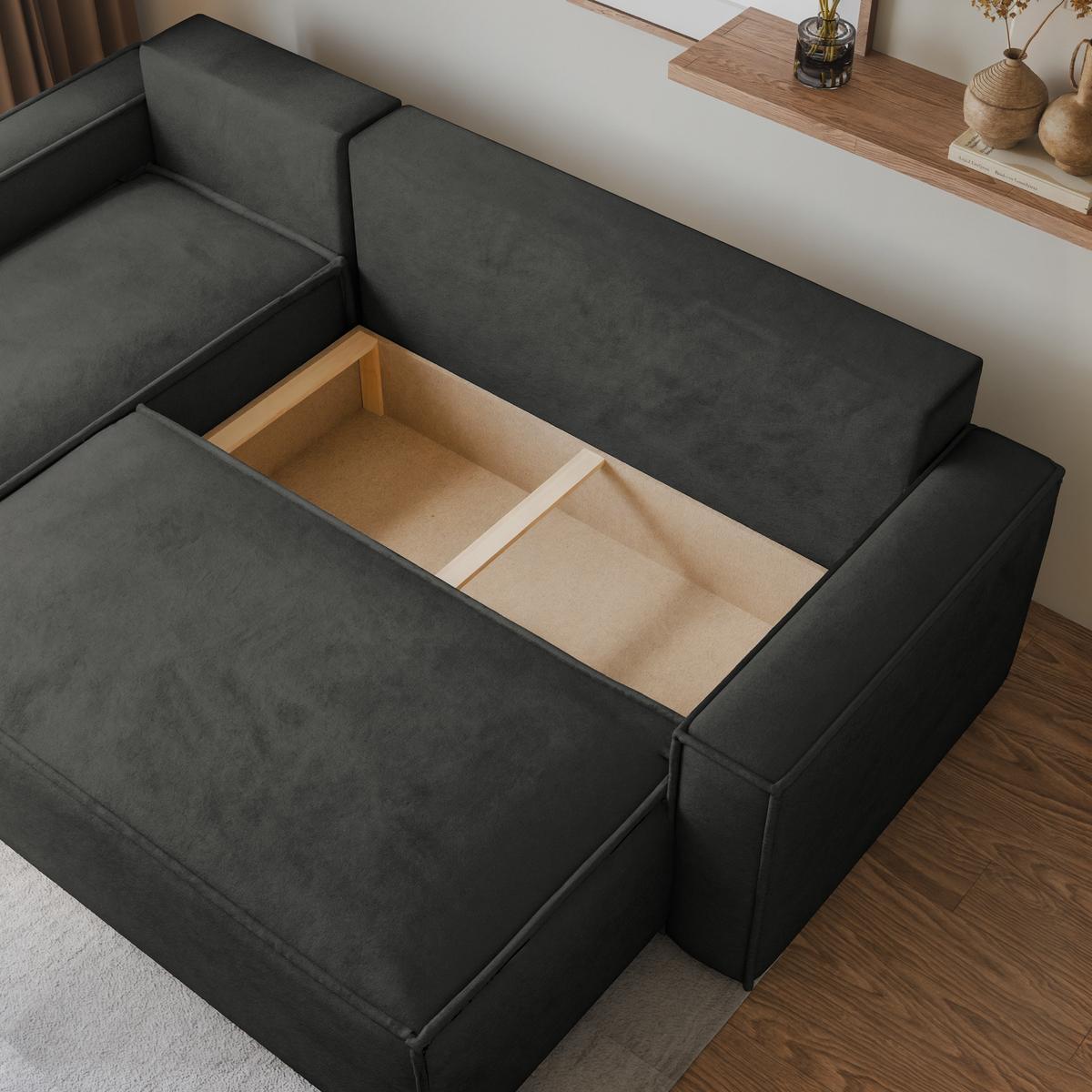 ECKSOFA RAVELO M Schwarz Velours-Stoff mit Schlaffunktion - Schwarz/Grau, Holz/Kunststoff (240/140cm) - MASSENO