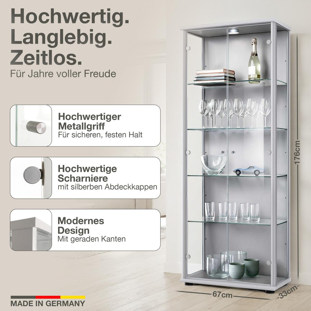 VITRINE 33/67/176 cm mit LED & 4 höhenverstellbaren Glasböden - Transparent/Silberfarben, Glas/Holzwerkstoff (67/176/33cm) - K-Möbel