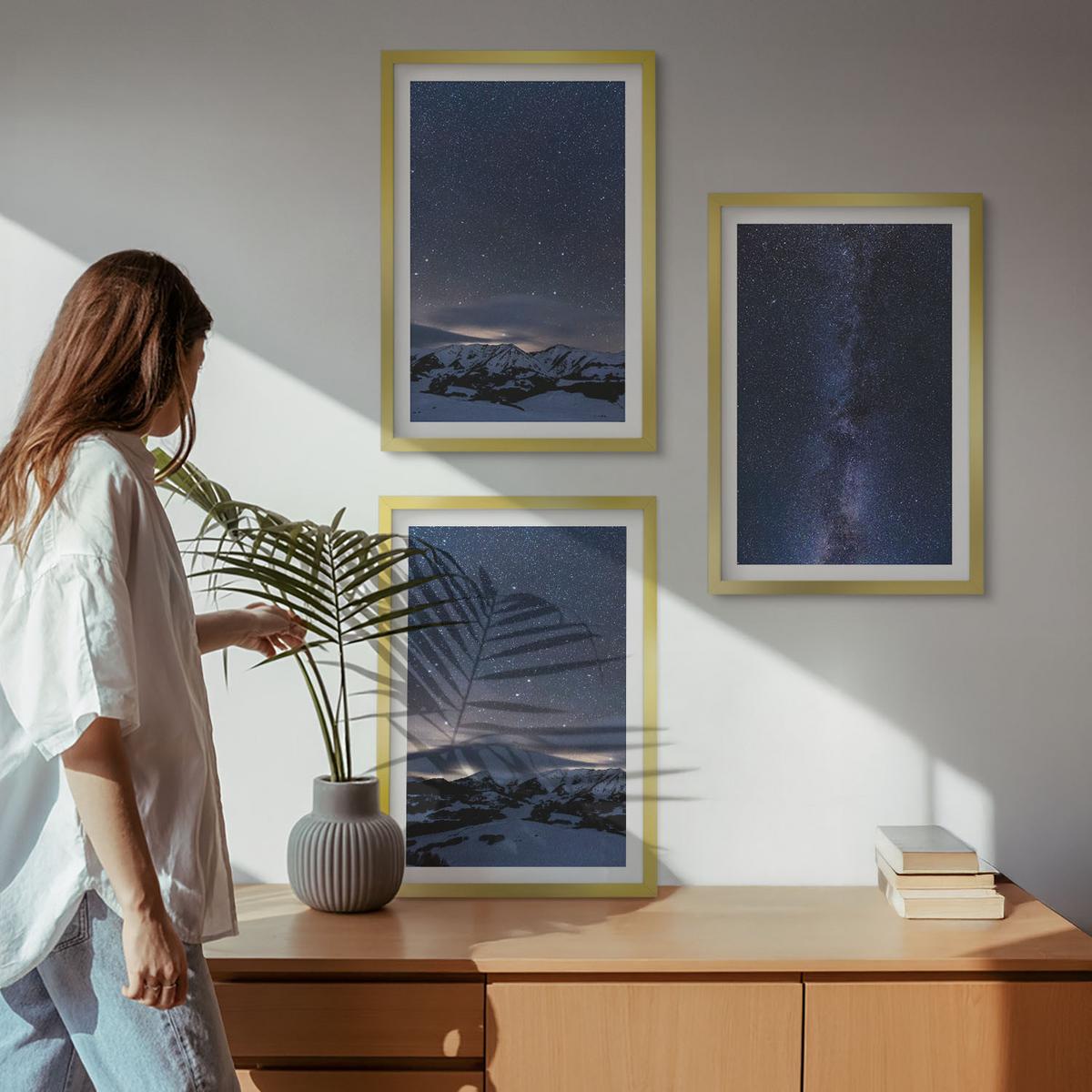 BILDER SET 3er Set - 40x60 cm Goldrahmen - Nachthimmel, Berge, Sterne - Goldfarben, Kunststoff (40/60cm) - TULUP