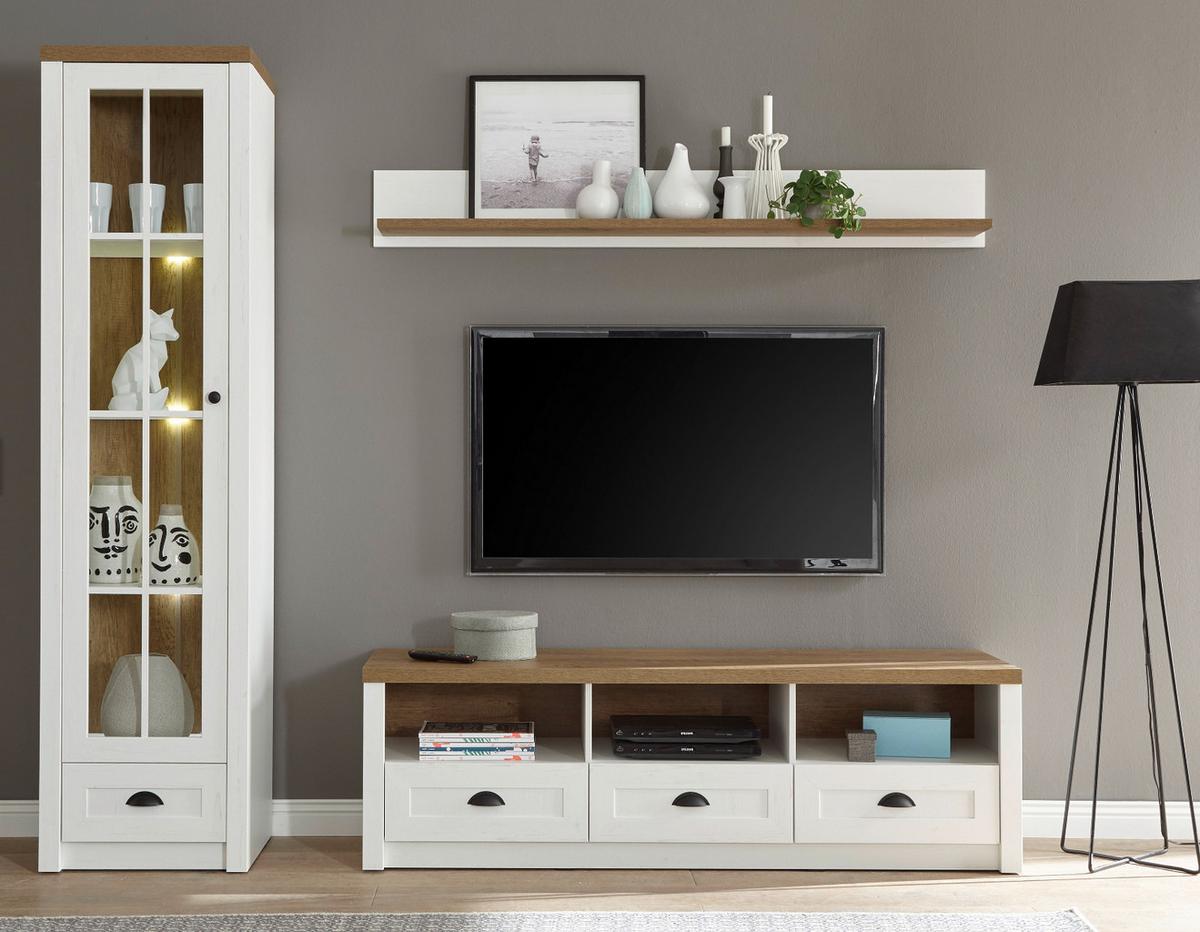 WOHNWAND weiß Pinie, Eiche hell Landhaus, Wohnkombination 3-teilig 230 x 198 cm - Eichefarben/Schwarz, Holzwerkstoff/Metall (230/198/43cm) - Furn.Design
