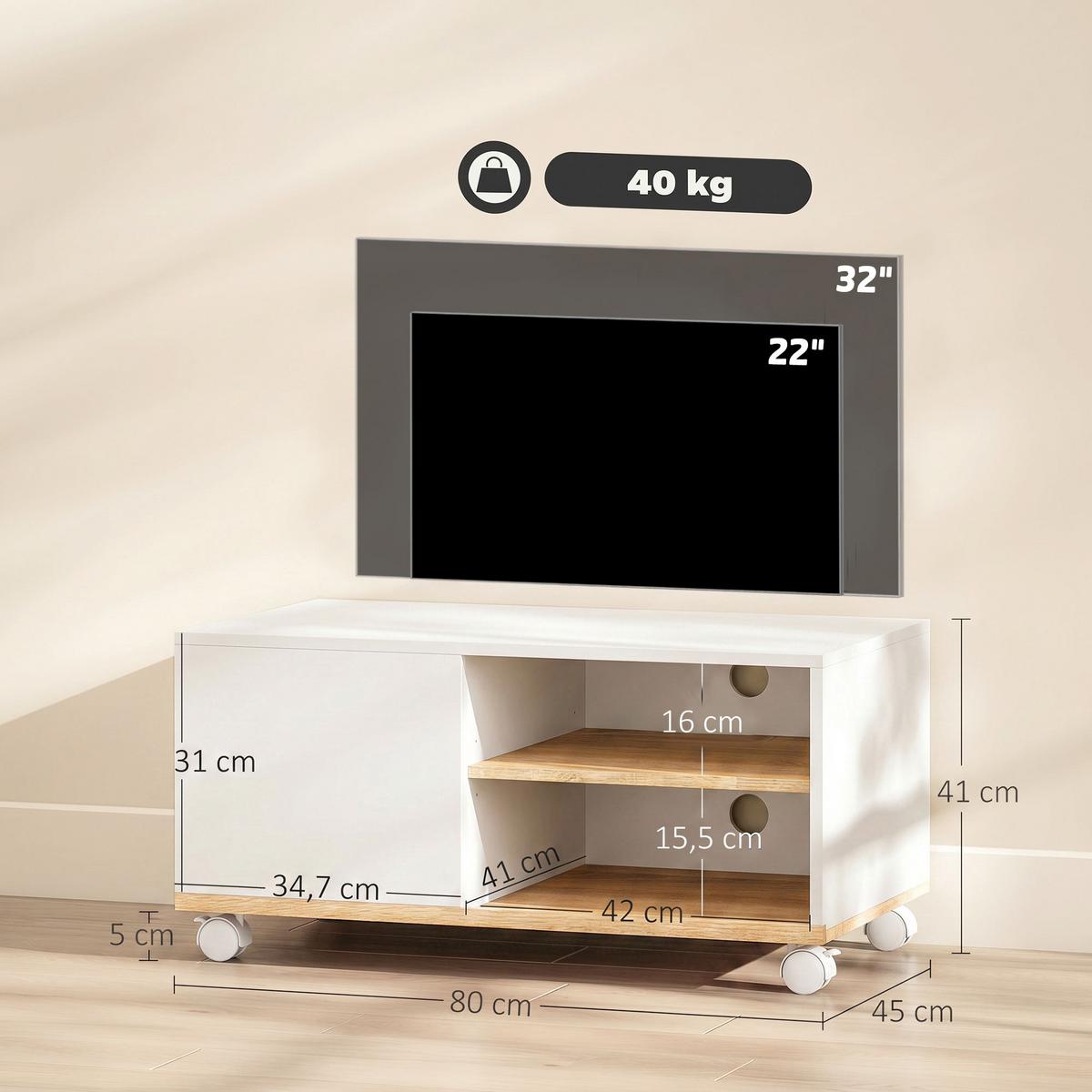 TV-BOARD Spanplatte Weiß Eiche - Weiß, Holzwerkstoff/Kunststoff (45/39/80cm) - HOMCOM